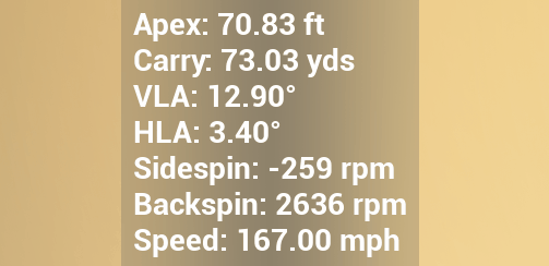 In-game HUD showing ball speed, spin, and carry